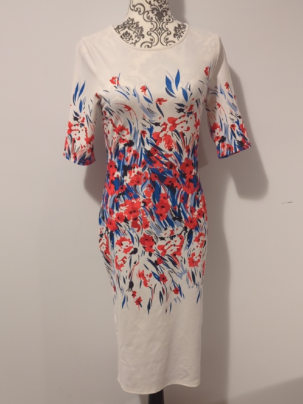 White Floral Midi Dress with Red and Blue Print